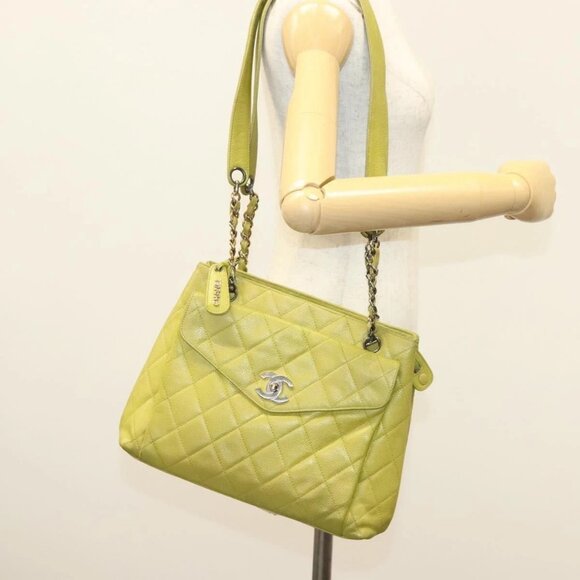 CHANEL Matelasse Chain Shoulder Bag Grained Calf Skin Green Gold CC Auth yk19052 - Picture 15 of 16